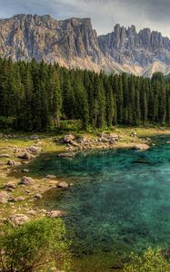 Preview wallpaper mountain, lake, rocks, trees, spruce