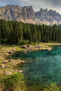 Preview wallpaper mountain, lake, rocks, trees, spruce