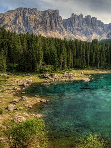 Preview wallpaper mountain, lake, rocks, trees, spruce