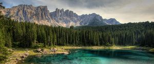 Preview wallpaper mountain, lake, rocks, trees, spruce