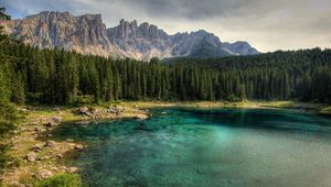 Preview wallpaper mountain, lake, rocks, trees, spruce