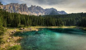 Preview wallpaper mountain, lake, rocks, trees, spruce