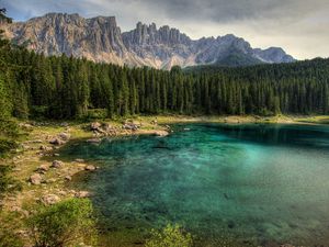 Preview wallpaper mountain, lake, rocks, trees, spruce