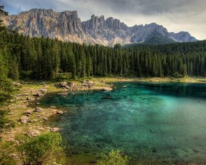 Preview wallpaper mountain, lake, rocks, trees, spruce