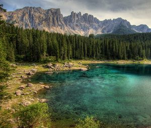 Preview wallpaper mountain, lake, rocks, trees, spruce