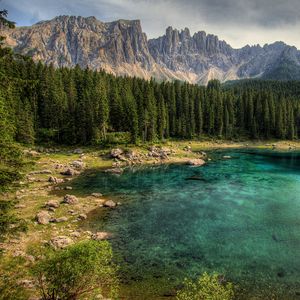 Preview wallpaper mountain, lake, rocks, trees, spruce