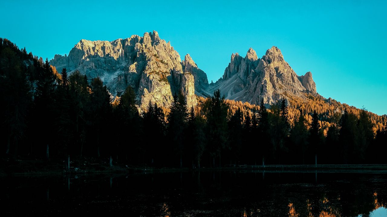 Wallpaper mountain, lake, sky, shadows, reflection
