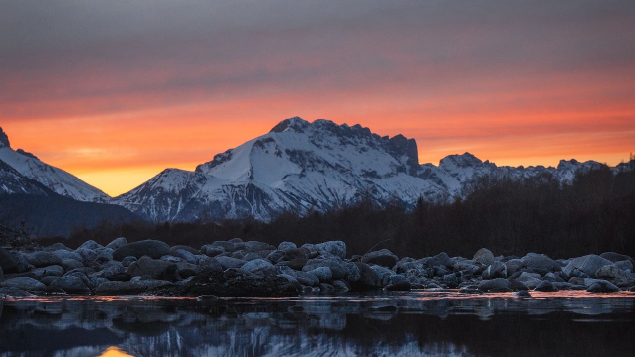 Wallpaper mountain, lake, snow, sunset, dusk