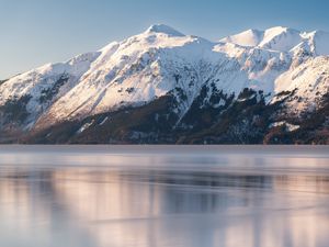 Preview wallpaper mountain, lake, snow, winter, landscape, nature
