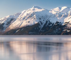 Preview wallpaper mountain, lake, snow, winter, landscape, nature