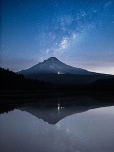 Preview wallpaper mountain, lake, starry sky, twilight, reflection