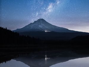 Preview wallpaper mountain, lake, starry sky, twilight, reflection