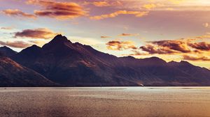 Preview wallpaper mountain, lake, sunset, dusk, landscape