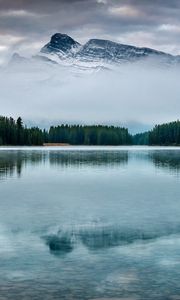 Preview wallpaper mountain, lake, trees, reflection, sky, peak