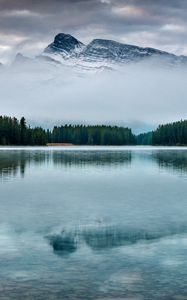 Preview wallpaper mountain, lake, trees, reflection, sky, peak