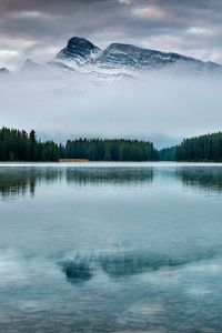 Preview wallpaper mountain, lake, trees, reflection, sky, peak