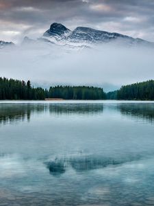 Preview wallpaper mountain, lake, trees, reflection, sky, peak