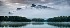 Preview wallpaper mountain, lake, trees, reflection, sky, peak