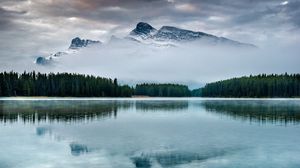 Preview wallpaper mountain, lake, trees, reflection, sky, peak