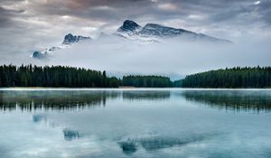 Preview wallpaper mountain, lake, trees, reflection, sky, peak