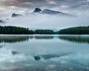 Preview wallpaper mountain, lake, trees, reflection, sky, peak