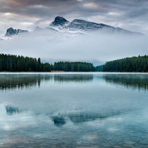 Preview wallpaper mountain, lake, trees, reflection, sky, peak