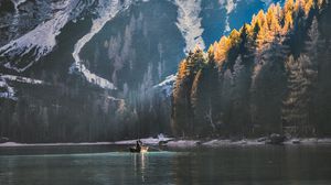 Preview wallpaper mountain, lake, trees, boat, sail, swim
