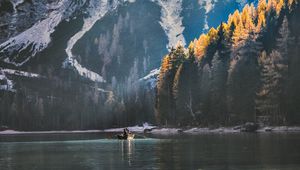 Preview wallpaper mountain, lake, trees, boat, sail, swim