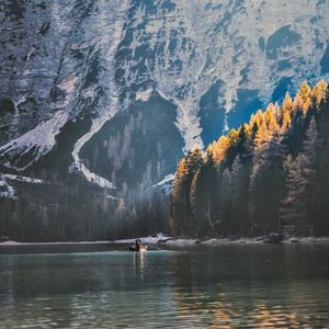 Preview wallpaper mountain, lake, trees, boat, sail, swim
