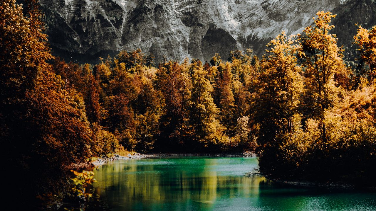 Wallpaper mountain, lake, trees, clouds, landscape