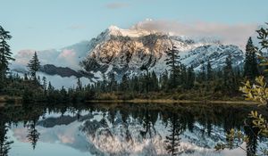 Preview wallpaper mountain, lake, trees, water, reflection, landscape