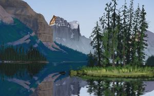 Preview wallpaper mountain, lake, trees, landscape, nature, art