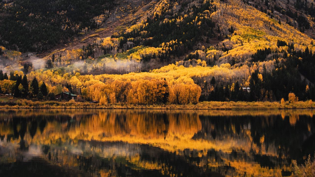 Wallpaper mountain, lake, trees, autumn, landscape