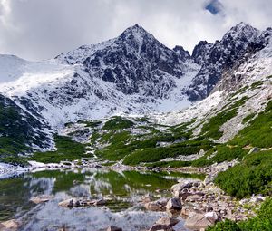 Preview wallpaper mountain, lake, valley, snow, landscape, nature