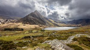 Preview wallpaper mountain, lake, valley, grass