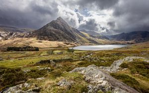 Preview wallpaper mountain, lake, valley, grass