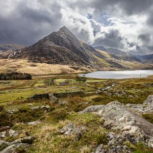 Preview wallpaper mountain, lake, valley, grass