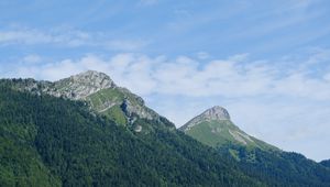 Preview wallpaper mountain, landform, trees, forest, landscape, nature