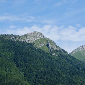 Preview wallpaper mountain, landform, trees, forest, landscape, nature