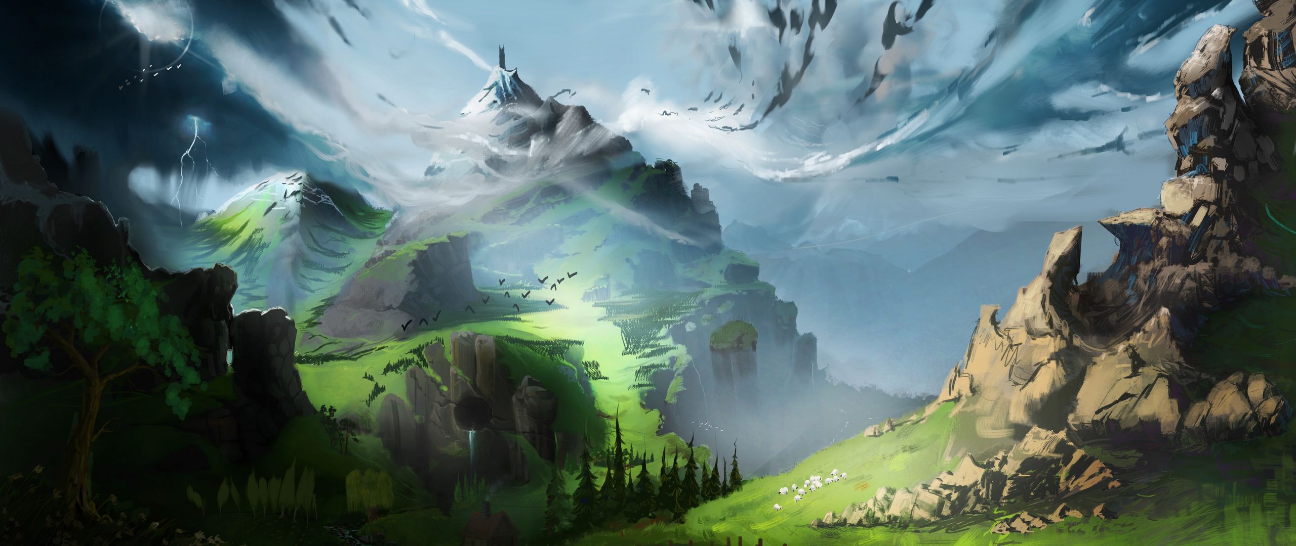Download wallpaper 2560x1080 mountain, landscape, fantasy, art dual
