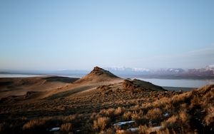 Preview wallpaper mountain, landscape, grass, distance