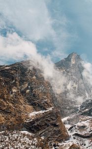 Preview wallpaper mountain landscape, peaks, fog, snow covered