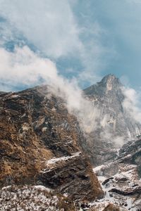 Preview wallpaper mountain landscape, peaks, fog, snow covered