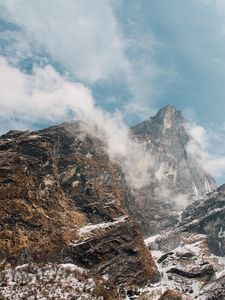 Preview wallpaper mountain landscape, peaks, fog, snow covered