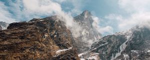 Preview wallpaper mountain landscape, peaks, fog, snow covered