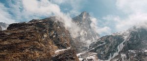 Preview wallpaper mountain landscape, peaks, fog, snow covered