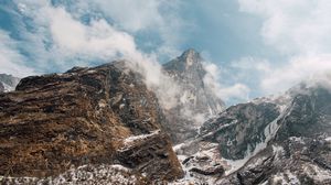 Preview wallpaper mountain landscape, peaks, fog, snow covered