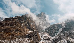 Preview wallpaper mountain landscape, peaks, fog, snow covered