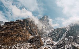 Preview wallpaper mountain landscape, peaks, fog, snow covered