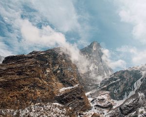 Preview wallpaper mountain landscape, peaks, fog, snow covered